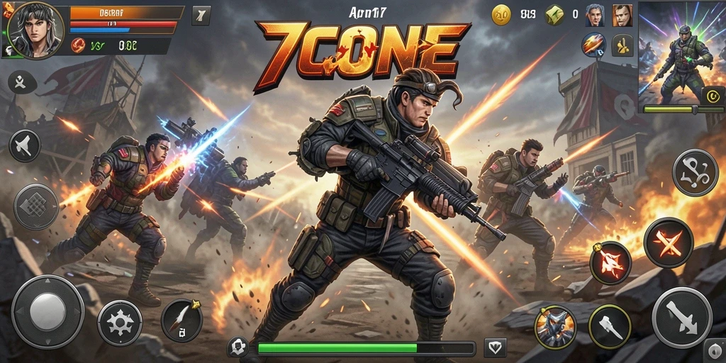 Tangkapan layar utama 7CONE menunjukkan aksi pertempuran yang mendebarkan.