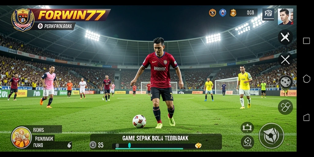 Screenshot dari gameplay FORWIN77 dengan aksi pertandingan sepak bola yang mendebarkan.