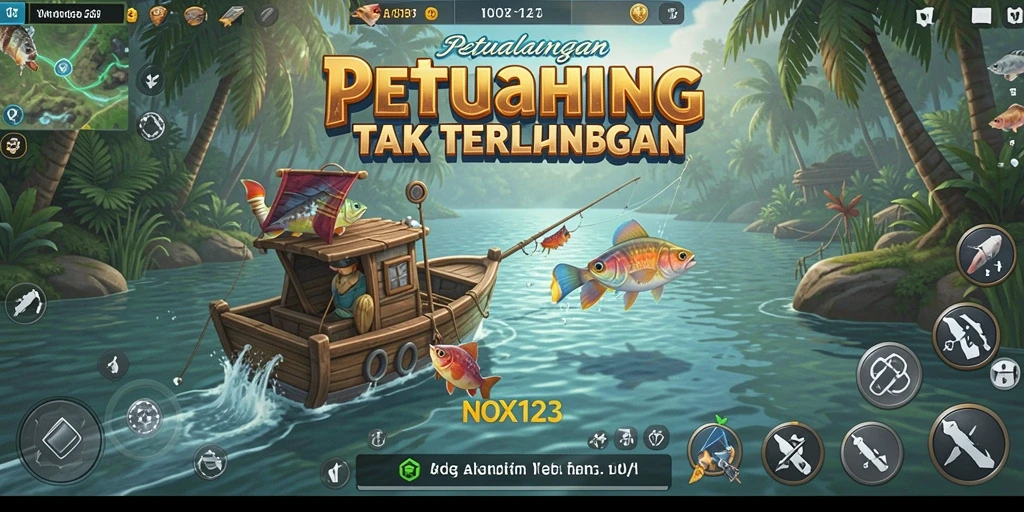 Tampilan gameplay NOX123 yang menampilkan aksi memancing yang seru.