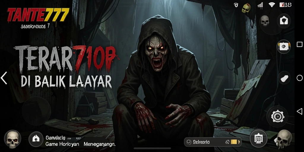 Screenshot gameplay TANTE777 menampilkan suasana horor yang mencekam.